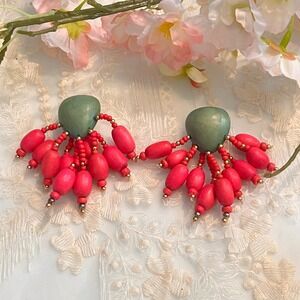 Vintage Pierced Earring Bohemian Wood Bead Statement Earrings  Chandelier Drop